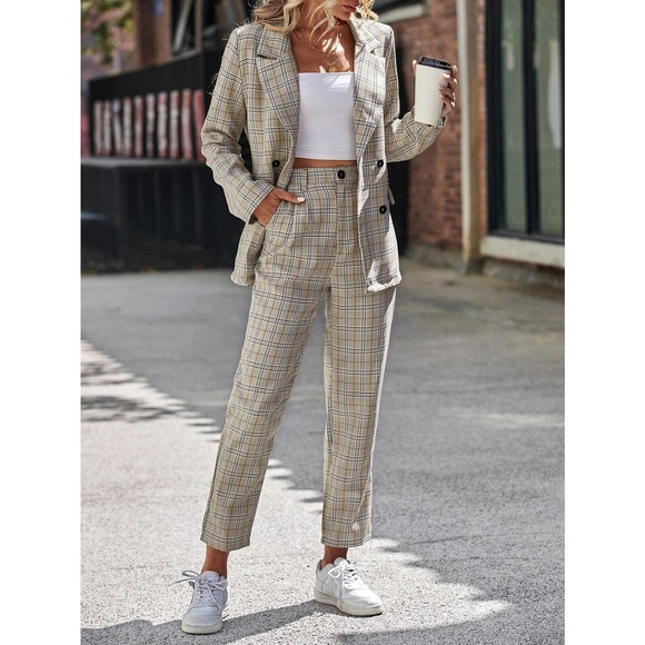2 piece set pantsuit Plaid Double Breasted Blazer & dress Pants gray - Picture 5 of 8